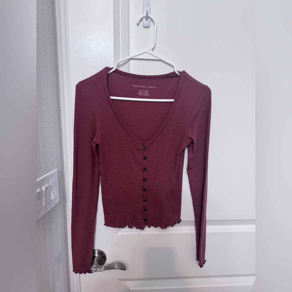 American Eagle Outfitters Women's Maroon Button-Down Shirt